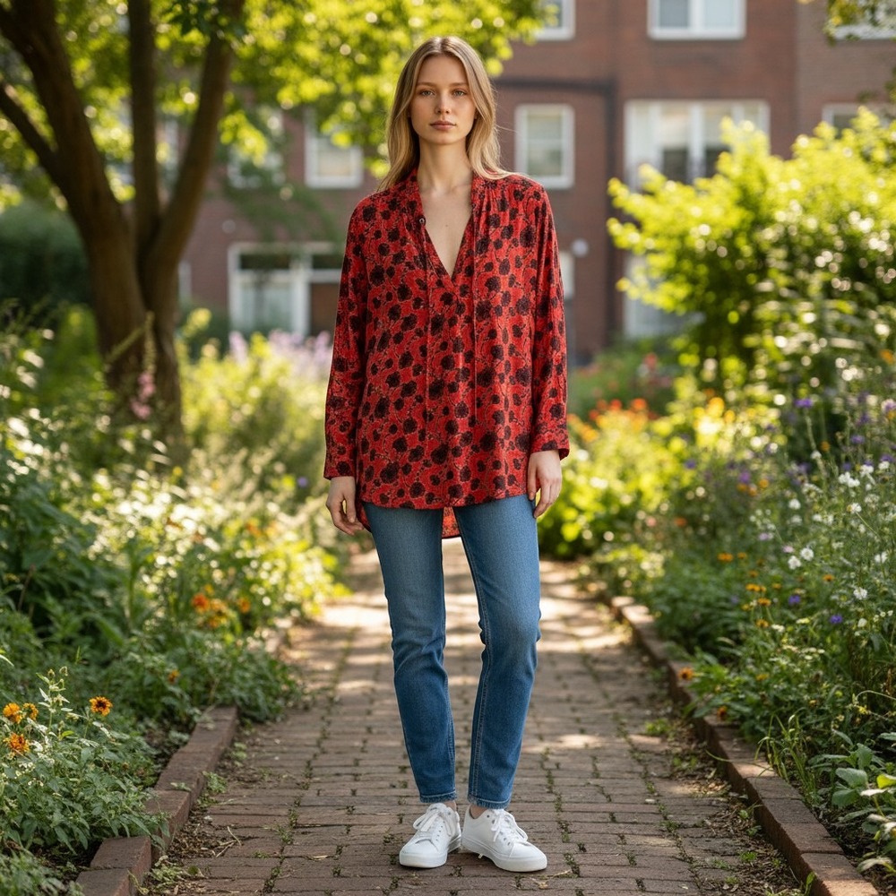 Free People Mia Tunic Women's Medium Red Floral Tie Neck Boho Poetcore Blouse